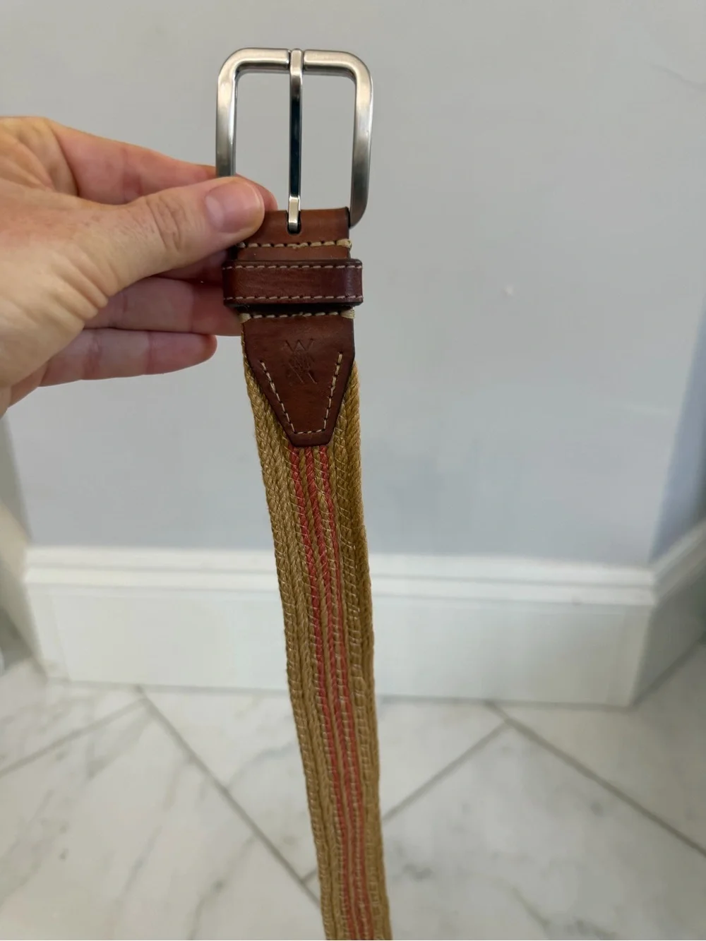 Martin Dingman Stripes Woven Natural Fiber and Leather 39” men’s belt